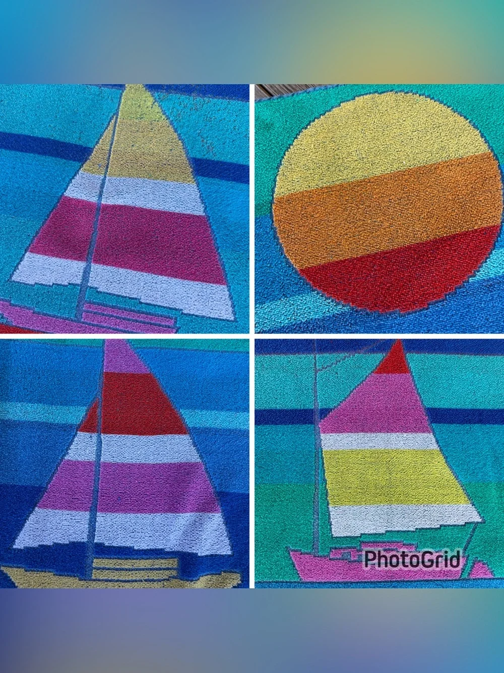 VTG TerriSol Retro Sailboat Oversized Beach Towel Blanket 100% Cotton 54” x 61”